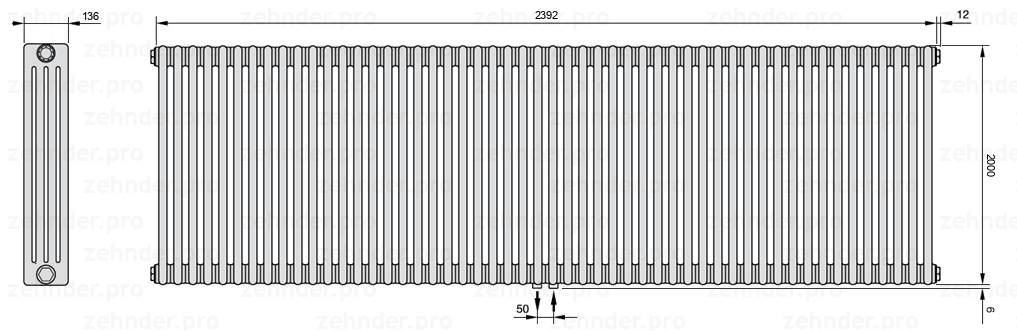 Схема (чертеж) Радиатор Zehnder Charleston 4200/52 №5410 Белый глянцевый RAL 9016